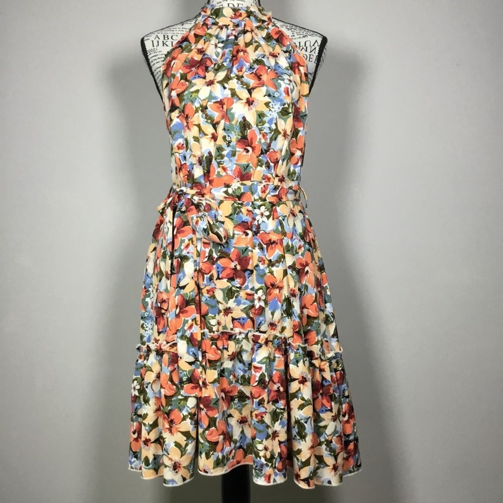 Sleeveless knee length floral summer dress peach blue green spring vacation S